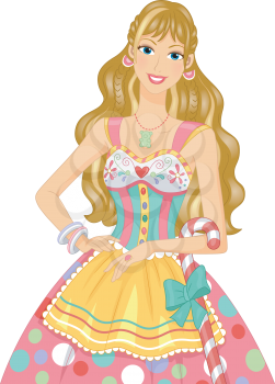 Illustration of a Young Woman Wearing a Dress Made of Candies and Other Sweets
