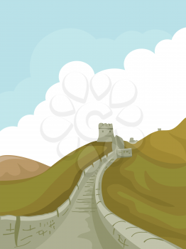 Illustration of a Pathway at the Great Wall of China Leading to a Tower
