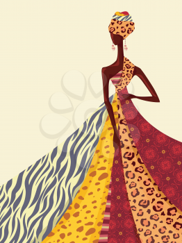 Illustration of an African Girl Modeling a Gown Made From Brightly Colored Fabrics