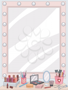 Illustration of a Vanity Mirror with an Assortment of Cosmetics Lying in Front of It