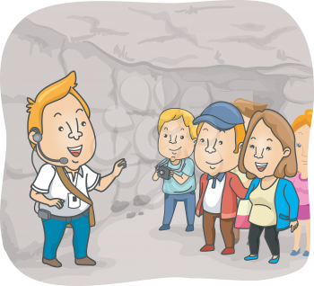 Illustration of a Tour Guide Delivering a Spiel Inside a Catacomb