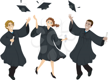 Illustration of College Graduate Students Wearing Graduation Cap and Gown