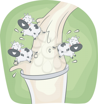 Illustration Featuring Cows Playing at the Top of a Glass While Milk Splashes Against It