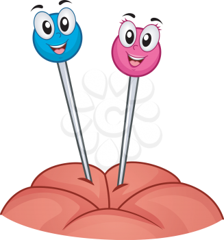 Mascot Illustration of a Pair of Pins Standing on a Pin Cushion