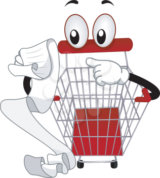 Mascot Illustration of a Shopping Cart while checking for a shopping list