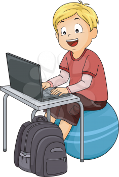 Illustration of a Kid Boy Sitting on an Exercise Ball While Using the Computer