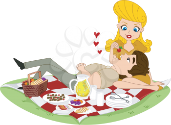 Illustration of a Pin Up Girl Feeding Her Man a Strawberry Fruit on their Picnic Date