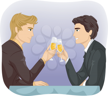 Illustration of an Same Sex Gay Couple having a Dinner Toast