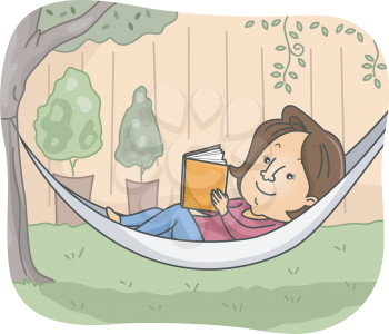 Illustration of a Girl Reading a Book While Lying on a Hammock