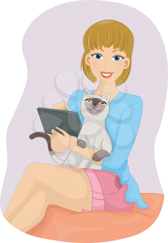 Illustration of a Girl Browsing Random Stuff on Her Tablet with Her Cat