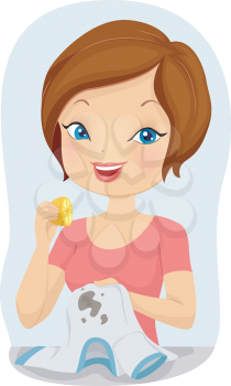 Illustration of a Girl Trying to Remove a T-shirt Stain with a Lemon