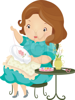 Illustration of a Homely Girl Embroidering a Flower Pattern
