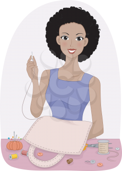 Illustration of a Girl Making a Bag from Scratch