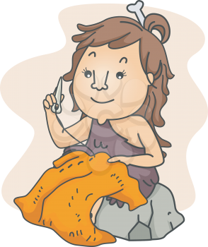 Illustration of a Stone Age Girl Sewing Clothes Using a Needle Made of Bone