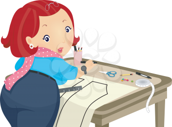 Illustration of a Plump Girl Creating a Sewing Pattern
