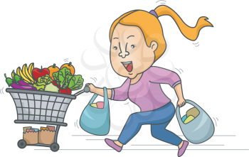 Illustration of a Girl Running While Pushing a Grocery Cart