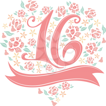 Illustration of the Number 16 Decorated with Flowers and Ribbons