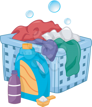 Illustration of Bottles of Laundry Detergent Sitting Beside a Laundry Hamper