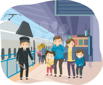 Stickman Illustration of a Family at a Train Station