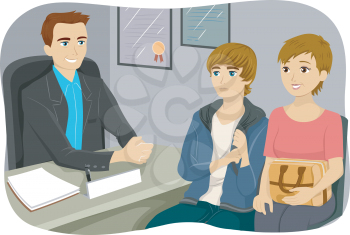 Illustration of a Mother and Son Listening to a Guidance Counselor