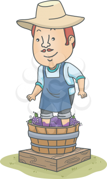 Illustration of a Man Making Wine from a Barrel of Grapes