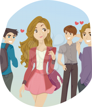 Illustration of an Attractive Teenage Girl Receiving Lots of Male Attention