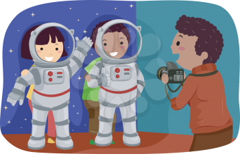 Stickman Illustration of Kids Trying Out Astronaut Standees