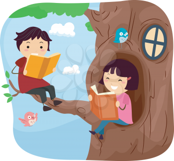 Stickman Illustration of Kids Reading Books in a Tree House