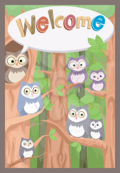 Illustration of a Bulletin Board Featuring a Family of Owls