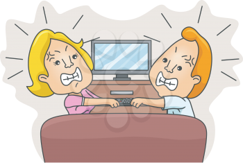 Illustration of a Husband and Wife Fighting Over the Remote Control