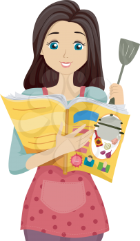 Illustration of a Teenage Girl Reading a Recipe from a Magazine