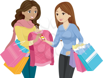 Illustration of a Teenage Girl Buying a Discounted Sweater