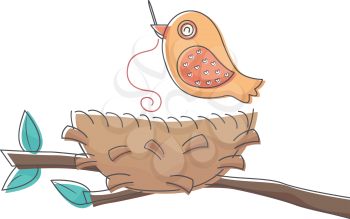 Illustration of a Bird Using a Needle to Put His Nest Together