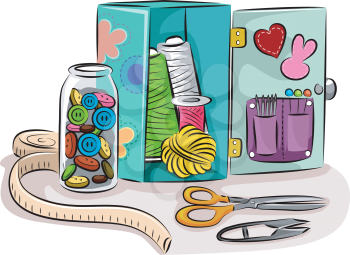 Illustration of a Box and a Jar Full of Sewing Materials