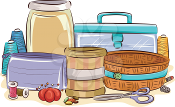 Colorful Illustration Featuring Different Containers for Sewing Materials