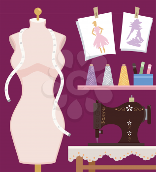 Illustration Featuring a Mannequin and a Sewing Machine