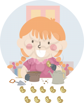Illustration of a Kid Girl Gardener Planting Seed with Numbers Into a Pot