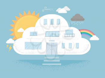 Illustration of a Weather Station Building Shaped as a Cloud with the Sun, Rainbow and Different Clouds