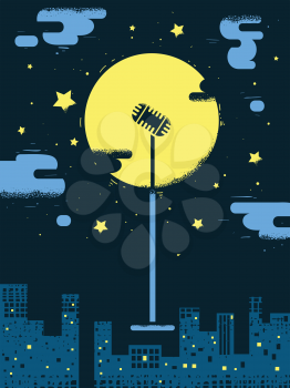 Illustration of a Retro Microphone on Stand Floating in the Sky with the Moon and Buildings