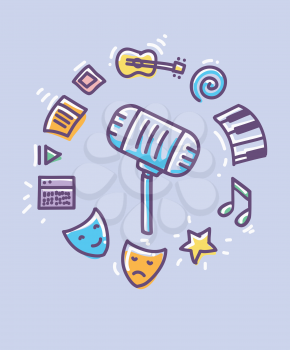Illustration of a Retro Microphone with Different Entertainment Icons from Guitar, Keyboard to Acting Mask