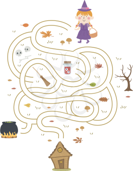 Illustration of a Kid Girl Witch Carrying a Basket Going to Her House Through a Maze