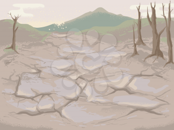 Illustration of Dry Soil with Dead Trees. Soil Degradation.