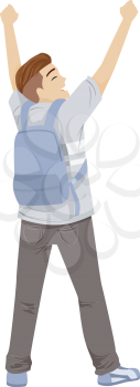 Illustration of a Teenage Guy Carrying Backpack with Hands Up in Fist. Feeling Empowered