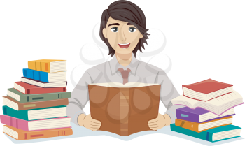 Illustration of a Teenage Guy Law Student Reading Books Among Stacks of More Books