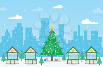 Illustration of a Christmas Market Against City Buildings with a Huge Christmas Tree