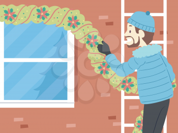 Illustration of a Man Putting Christmas Outdoor Decorations