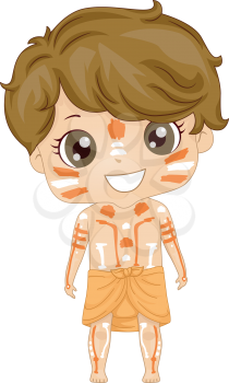 Illustration of a Kid Boy Wearing Australian Aboriginal Costume with Body and Face Paint