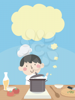 Illustration of a Kid Boy Wearing Chef Hat Cooking with a Blank Thinking Cloud Above Him