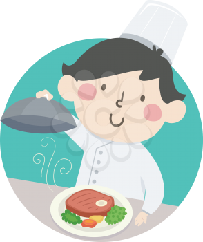 Illustration of a Kid Boy Wearing Chef Hat and Presenting a Steak Dish He Made