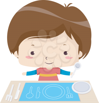 Illustration of a Kid Boy Arranging Plate and Utensils Using a Placemat with Plate, Spoon, Fork and Knife Patterns